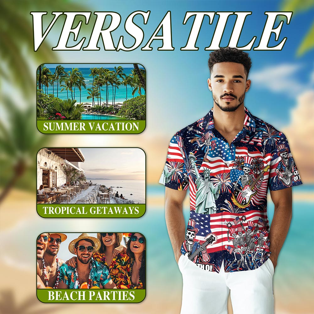 4th of July Skeleton Hawaiian Shirt for Men, Button Down Aloha Shirt - Azhawaiian