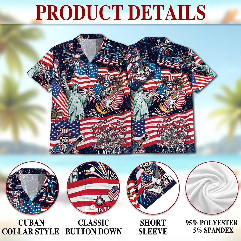 4th of July Skeleton Hawaiian Shirt for Men, Button Down Aloha Shirt - Azhawaiian