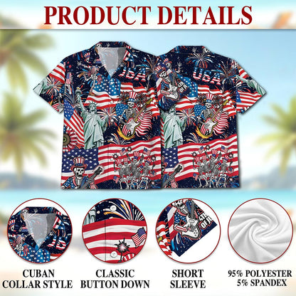 4th of July Skeleton Hawaiian Shirt for Men, Button Down Aloha Shirt - Azhawaiian