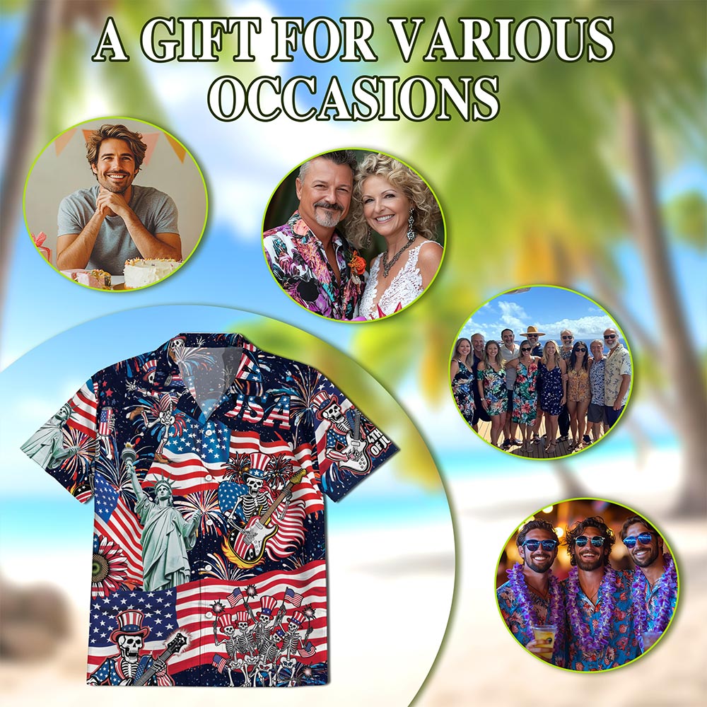 4th of July Skeleton Hawaiian Shirt for Men, Button Down Aloha Shirt - Azhawaiian
