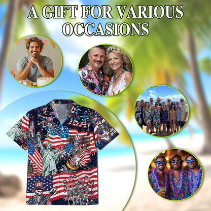 4th of July Skeleton Hawaiian Shirt for Men, Button Down Aloha Shirt - Azhawaiian