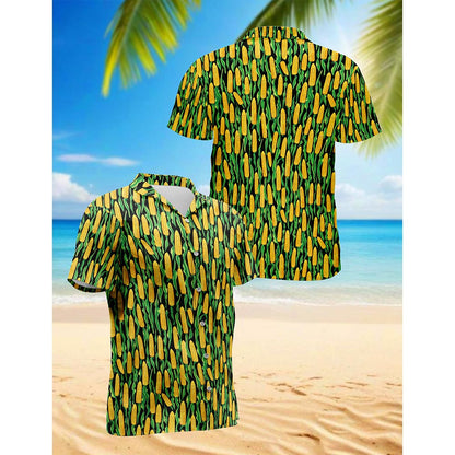 Agricultural Corn Cob Print Hawaiian Shirt for Men, Button Down Aloha Shirt - Azhawaiian