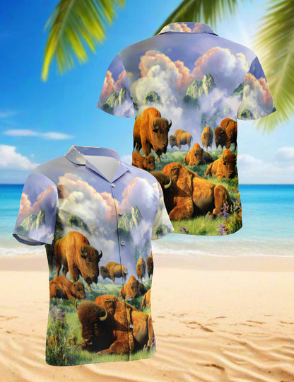 American Bison At Sunrise Hawaiian Shirt for Men, Button Down Aloha Shirt - Azhawaiian