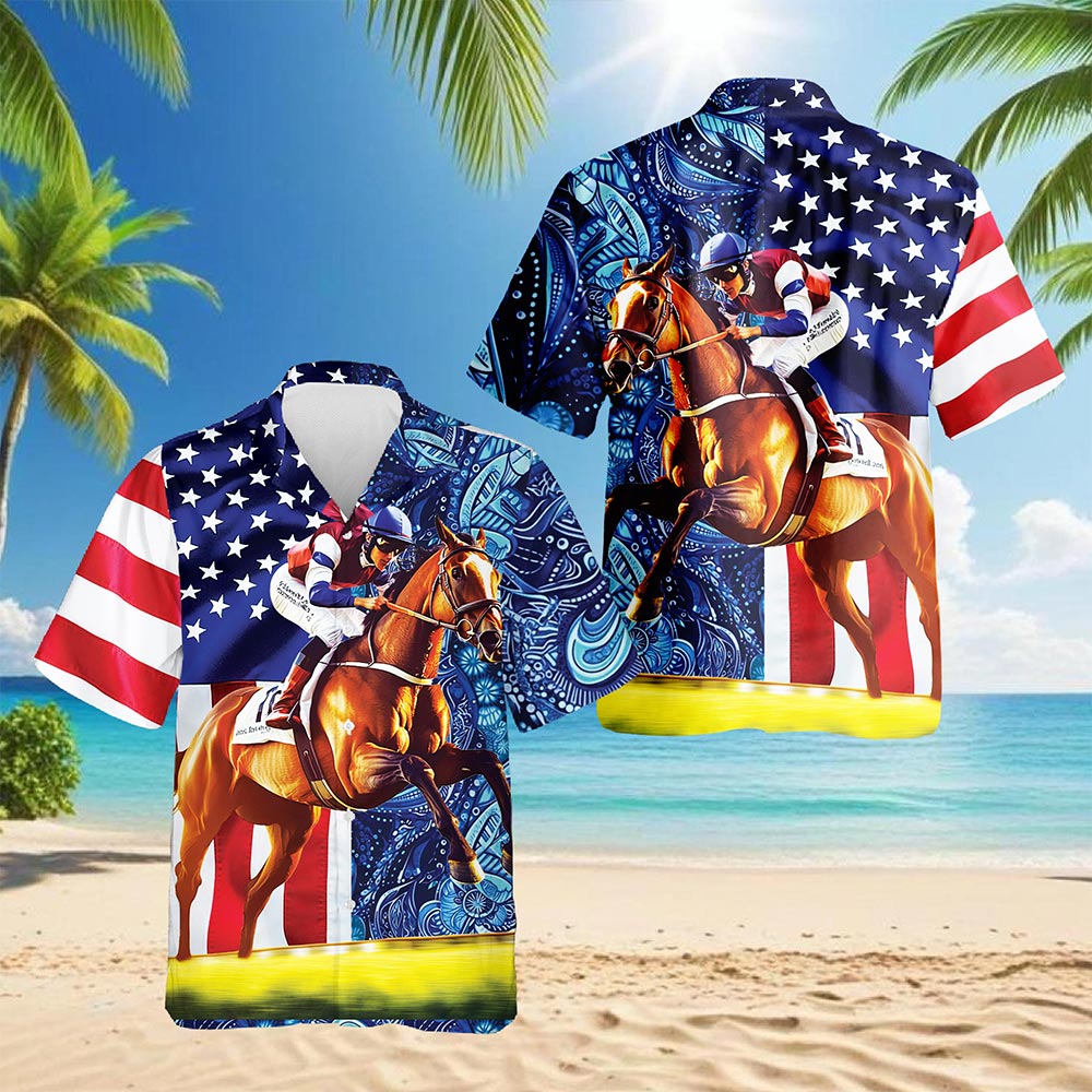 American Horse Racing Hawaiian Shirt for Men, Button Down Aloha Shirt - Azhawaiian