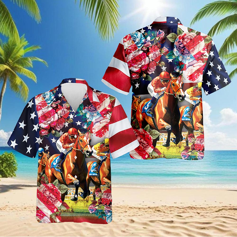American Roses Horse Racing Hawaiian Shirt for Men, Button Down Aloha Shirt - Azhawaiian