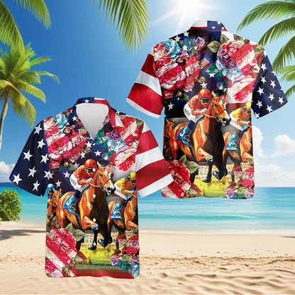 American Roses Horse Racing Hawaiian Shirt for Men, Button Down Aloha Shirt - Azhawaiian