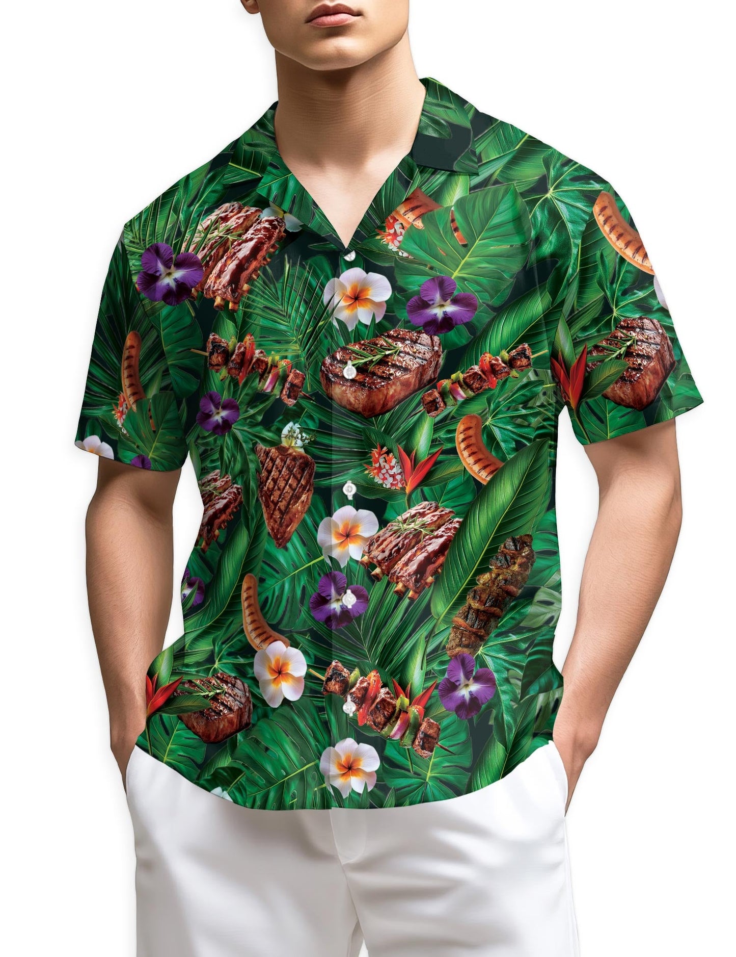 Azhawaiian BBQ Lovers Green Floral Hawaiian Shirt for Men