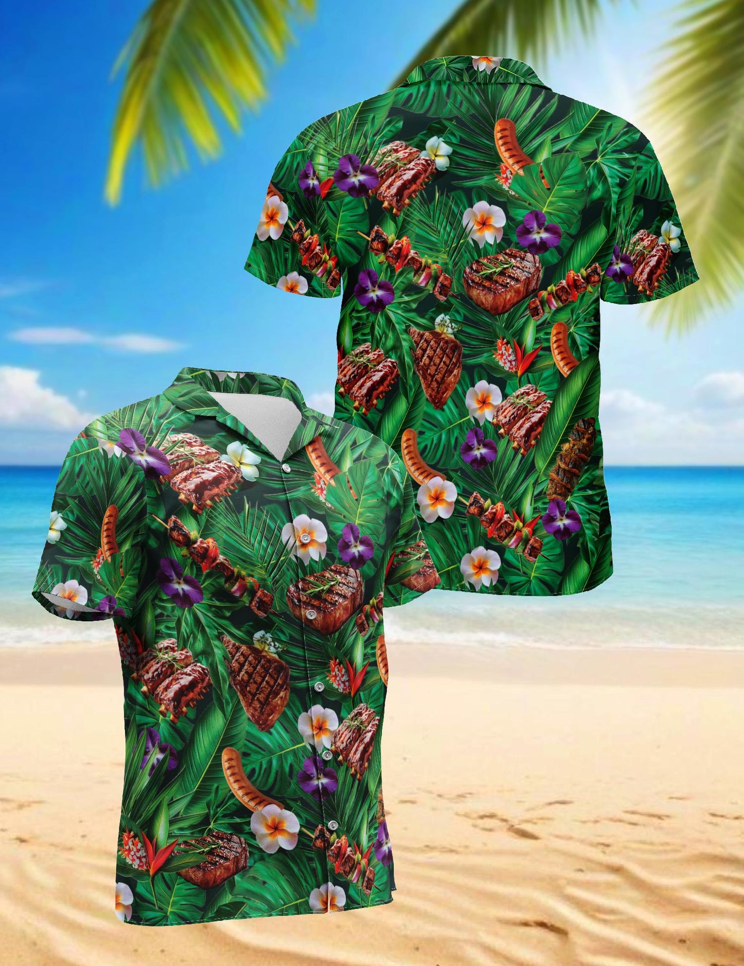 BBQ Lovers Green Floral Hawaiian Shirt for Men, Button Down Aloha Shirt - Azhawaiian