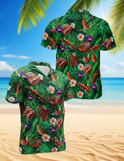 BBQ Lovers Green Floral Hawaiian Shirt for Men, Button Down Aloha Shirt - Azhawaiian