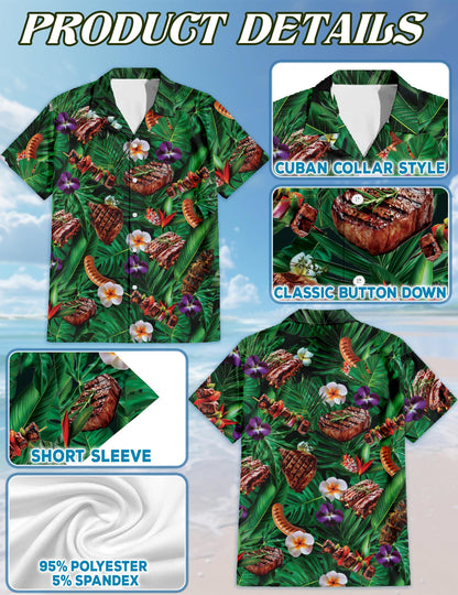 BBQ Lovers Green Floral Hawaiian Shirt for Men, Button Down Aloha Shirt - Azhawaiian
