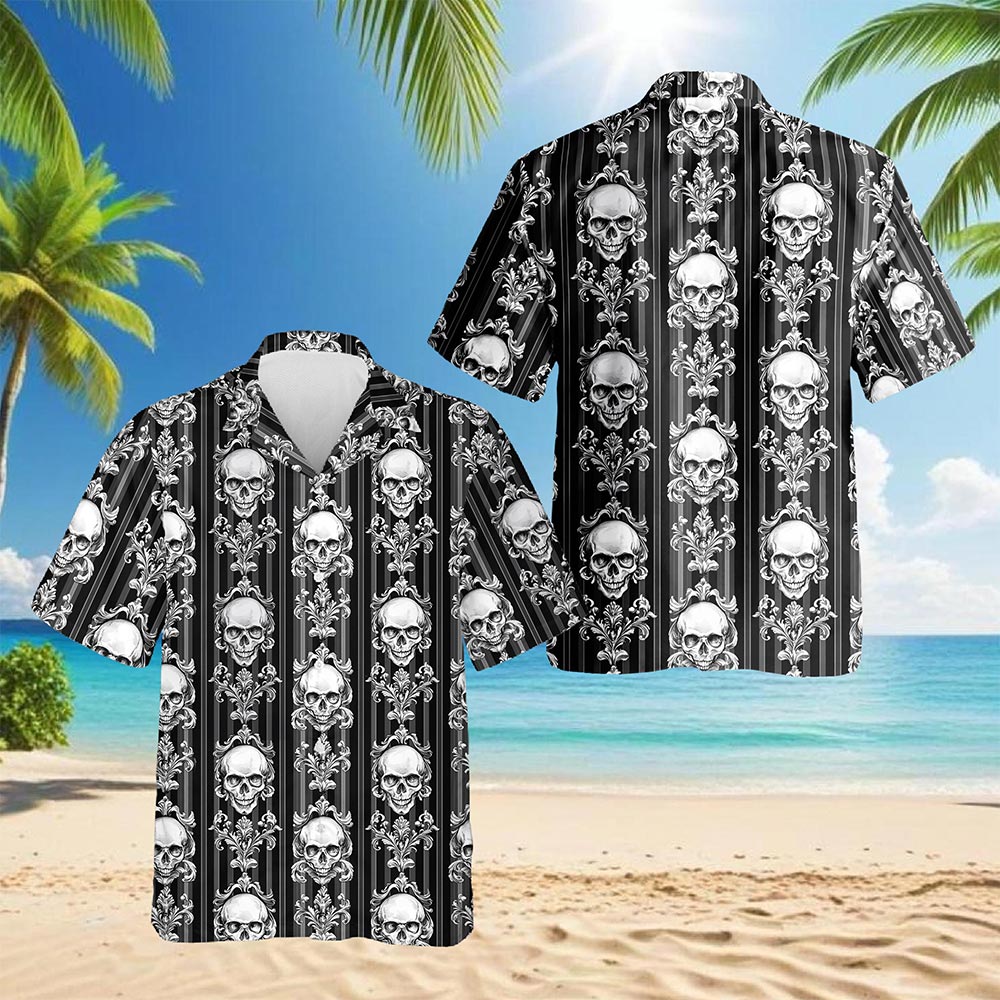 B&W Skull Pattern Hawaiian Shirt for Men, Button Down Aloha Shirt - Azhawaiian