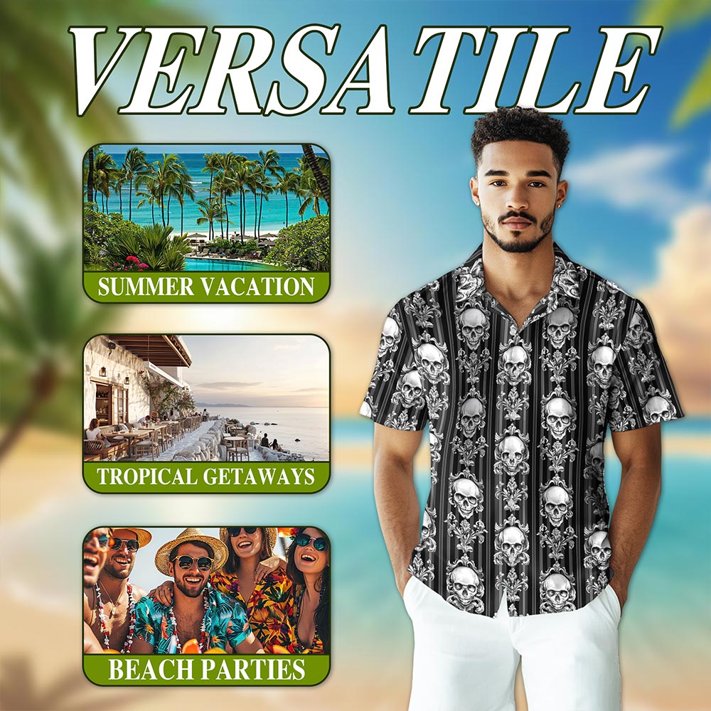B&W Skull Pattern Hawaiian Shirt for Men, Button Down Aloha Shirt - Azhawaiian