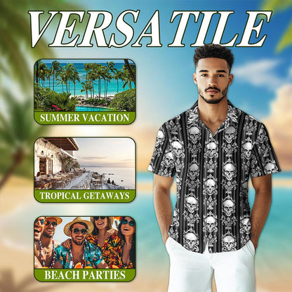 B&W Skull Pattern Hawaiian Shirt for Men, Button Down Aloha Shirt - Azhawaiian
