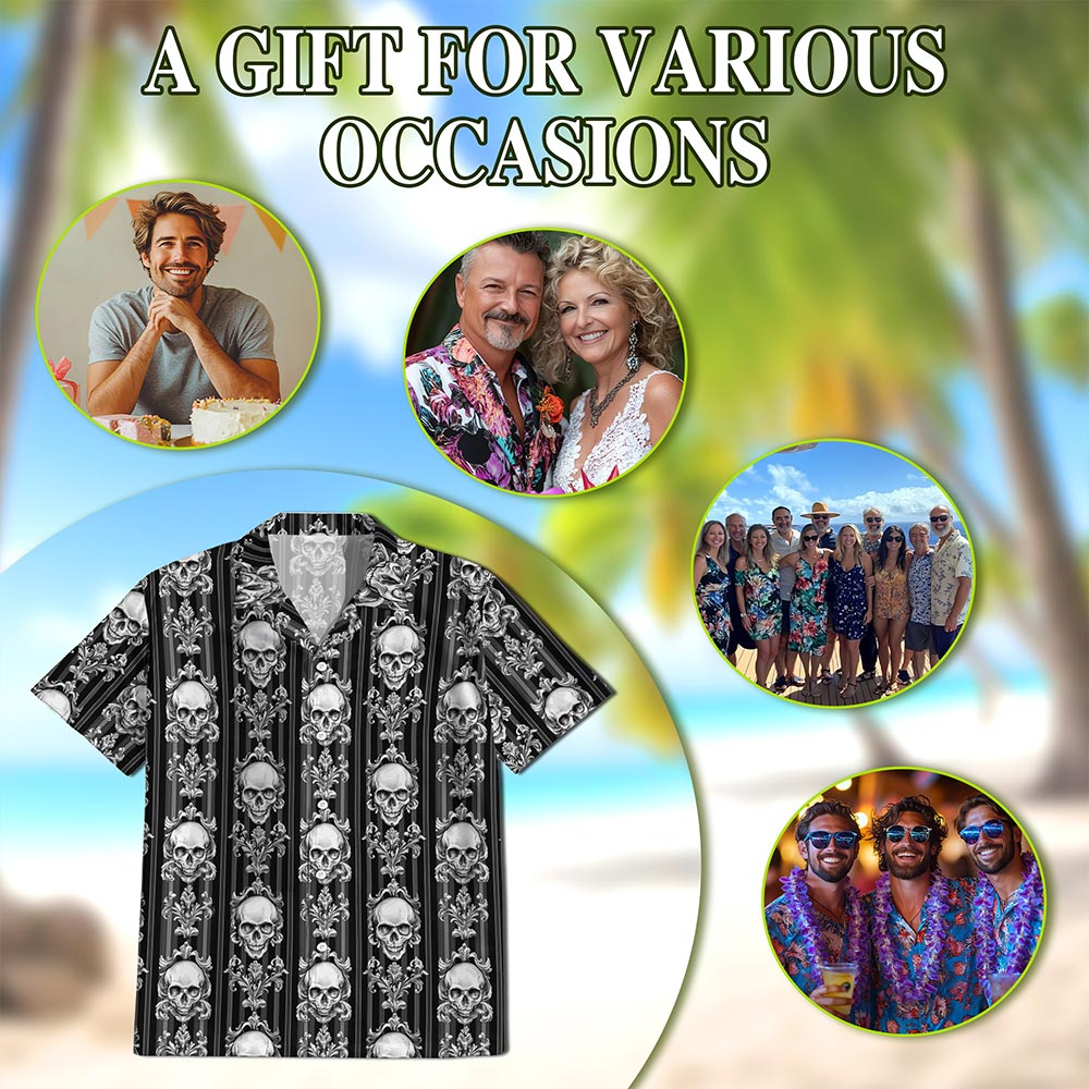B&W Skull Pattern Hawaiian Shirt for Men, Button Down Aloha Shirt - Azhawaiian