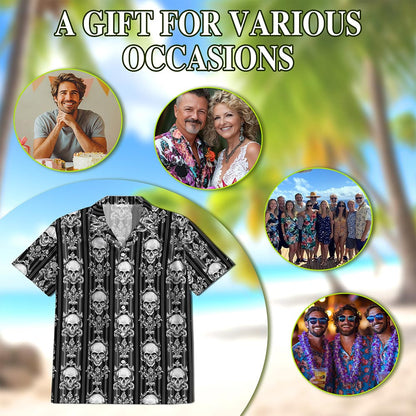 B&W Skull Pattern Hawaiian Shirt for Men, Button Down Aloha Shirt - Azhawaiian