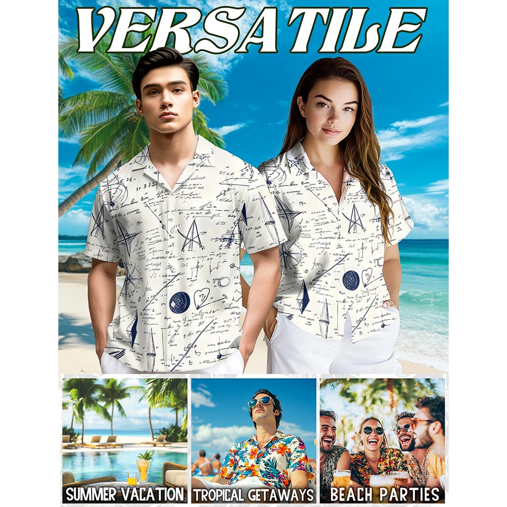 B&W Teacher Math Love Pattern Hawaiian Shirt for Men, Button Down Aloha Shirt - Azhawaiian