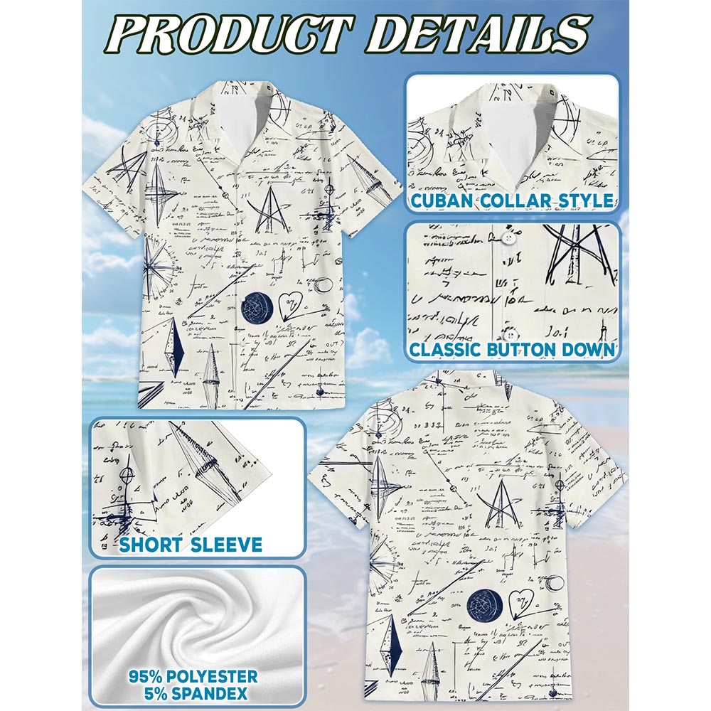 B&W Teacher Math Love Pattern Hawaiian Shirt for Men, Button Down Aloha Shirt - Azhawaiian