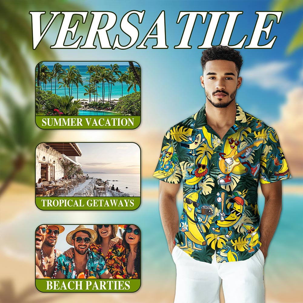 Banana Plays The Guitar Hawaiian Shirt for Men, Button Down Aloha Shirt - Azhawaiian
