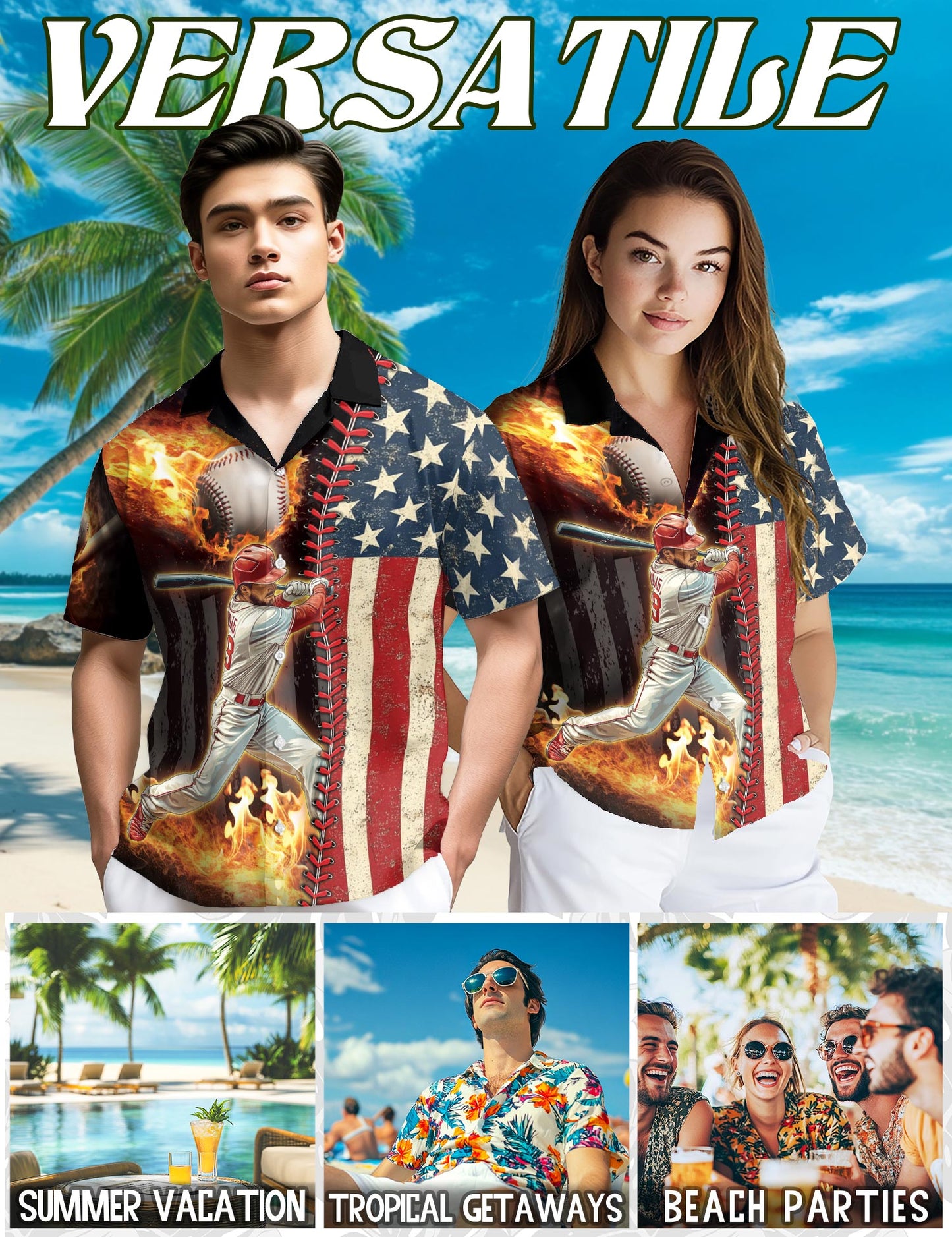 Baseball American Flag Hawaiian Shirt for Men, Button Down Aloha Shirt - Azhawaiian
