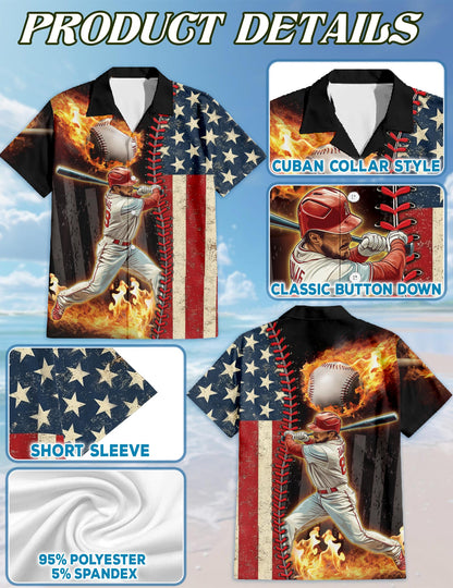 Baseball American Flag Hawaiian Shirt for Men, Button Down Aloha Shirt - Azhawaiian