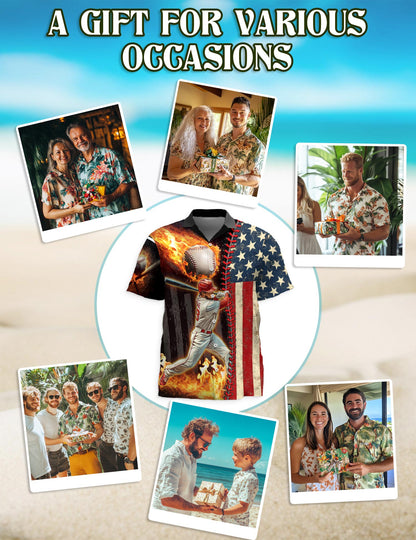 Baseball American Flag Hawaiian Shirt for Men, Button Down Aloha Shirt - Azhawaiian