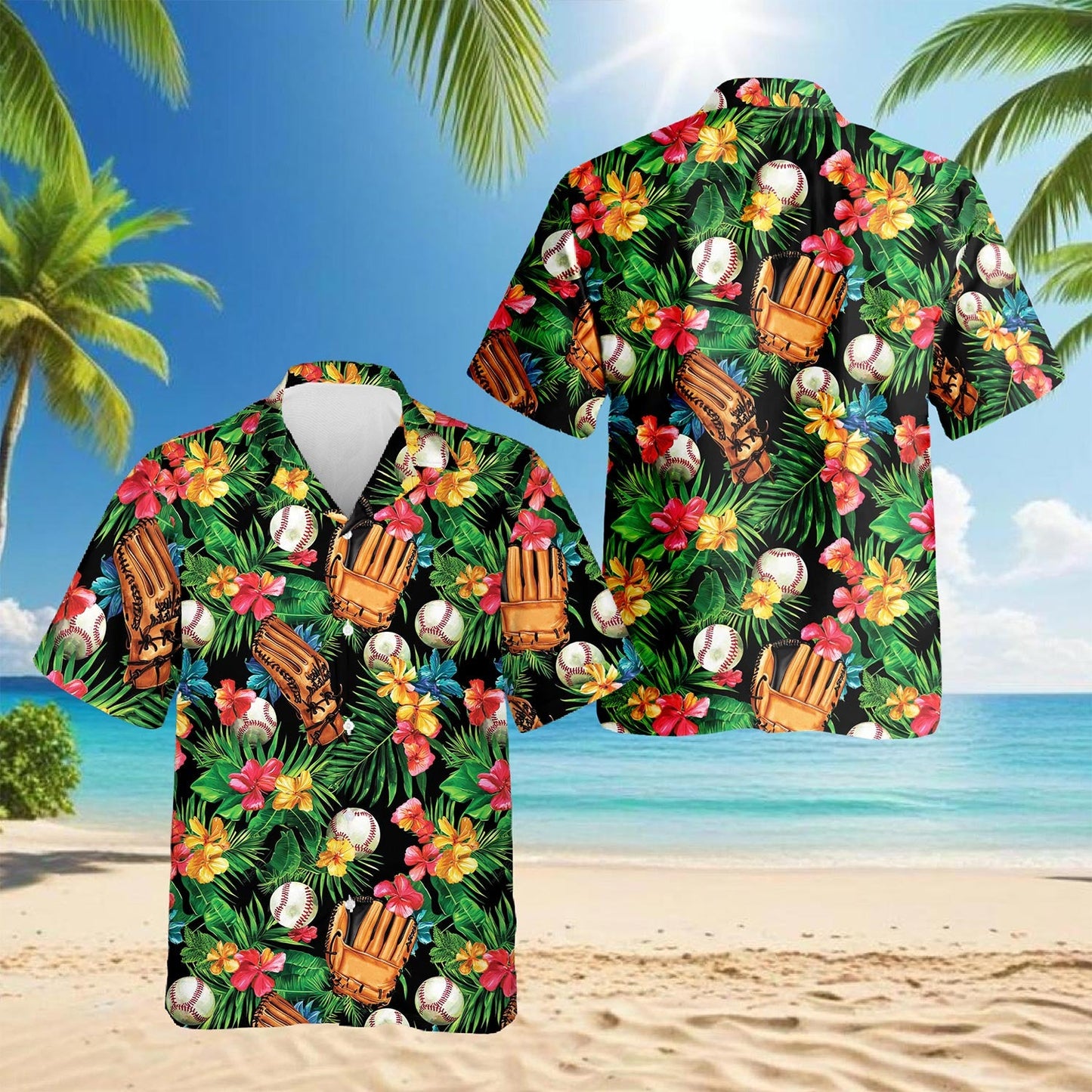 Baseball Art Tropical Hawaiian Shirt for Men, Button Down Aloha Shirt - Azhawaiian