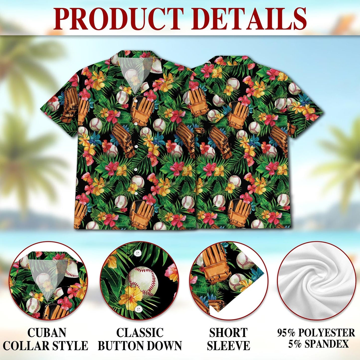 Baseball Art Tropical Hawaiian Shirt for Men, Button Down Aloha Shirt - Azhawaiian