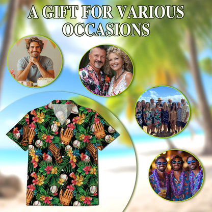 Baseball Art Tropical Hawaiian Shirt for Men, Button Down Aloha Shirt - Azhawaiian
