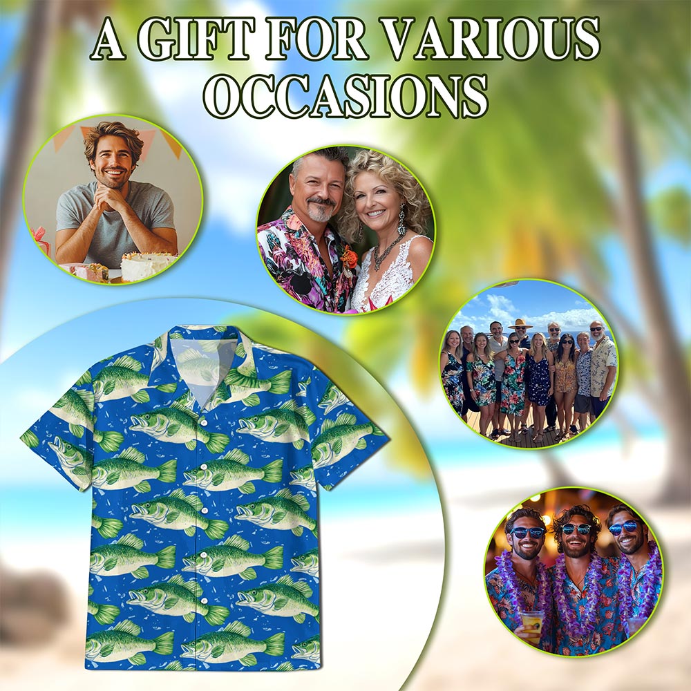 Bass Fish Pattern Hawaiian Shirt for Men, Button Down Aloha Shirt - Azhawaiian