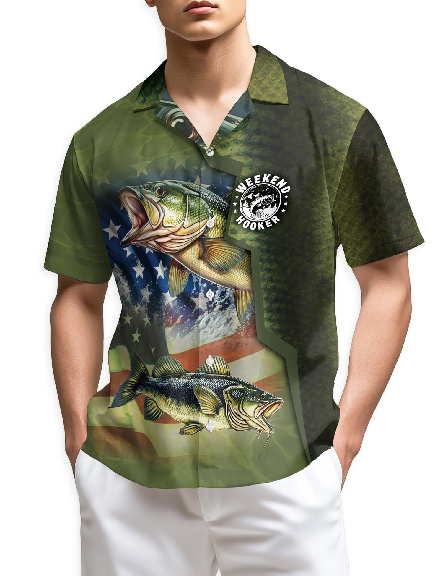 Azhawaiian Bass Fishing Us Flag Hawaiian Shirt for Men