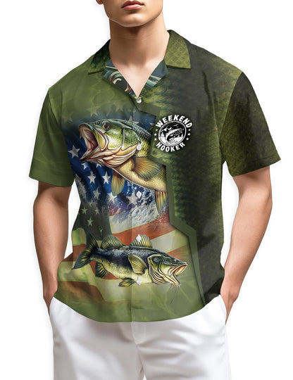 Azhawaiian Bass Fishing Us Flag Hawaiian Shirt for Men