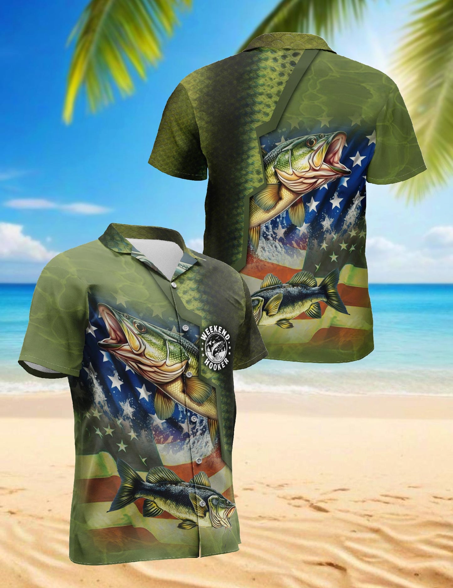 Bass Fishing Us Flag Hawaiian Shirt for Men, Button Down Aloha Shirt - Azhawaiian