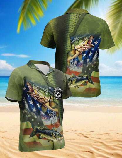 Bass Fishing Us Flag Hawaiian Shirt for Men, Button Down Aloha Shirt - Azhawaiian