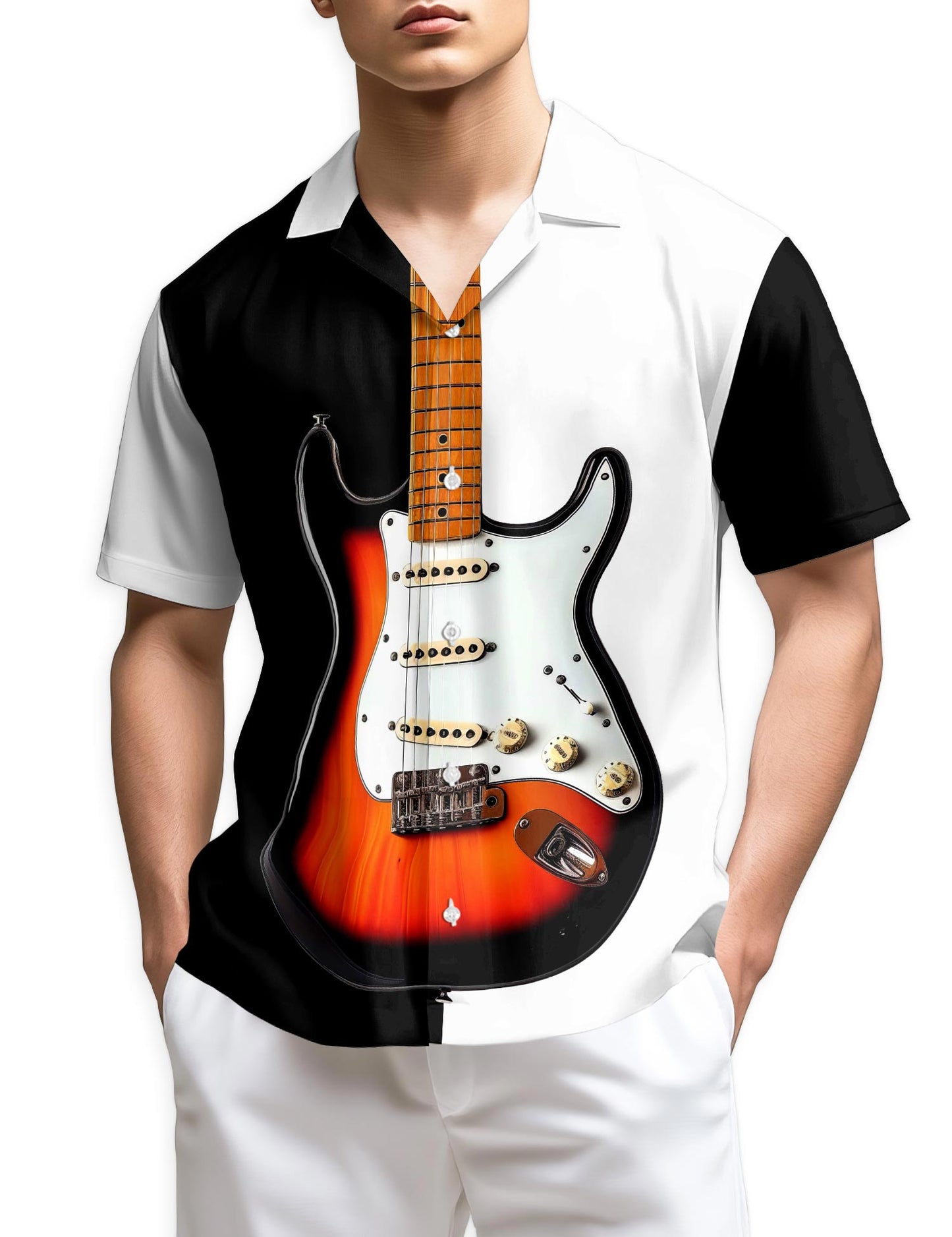 Azhawaiian Bass Guitar Black & White Hawaiian Shirt for Men