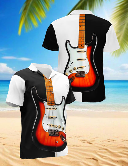 Bass Guitar Black & White Hawaiian Shirt for Men, Button Down Aloha Shirt - Azhawaiian