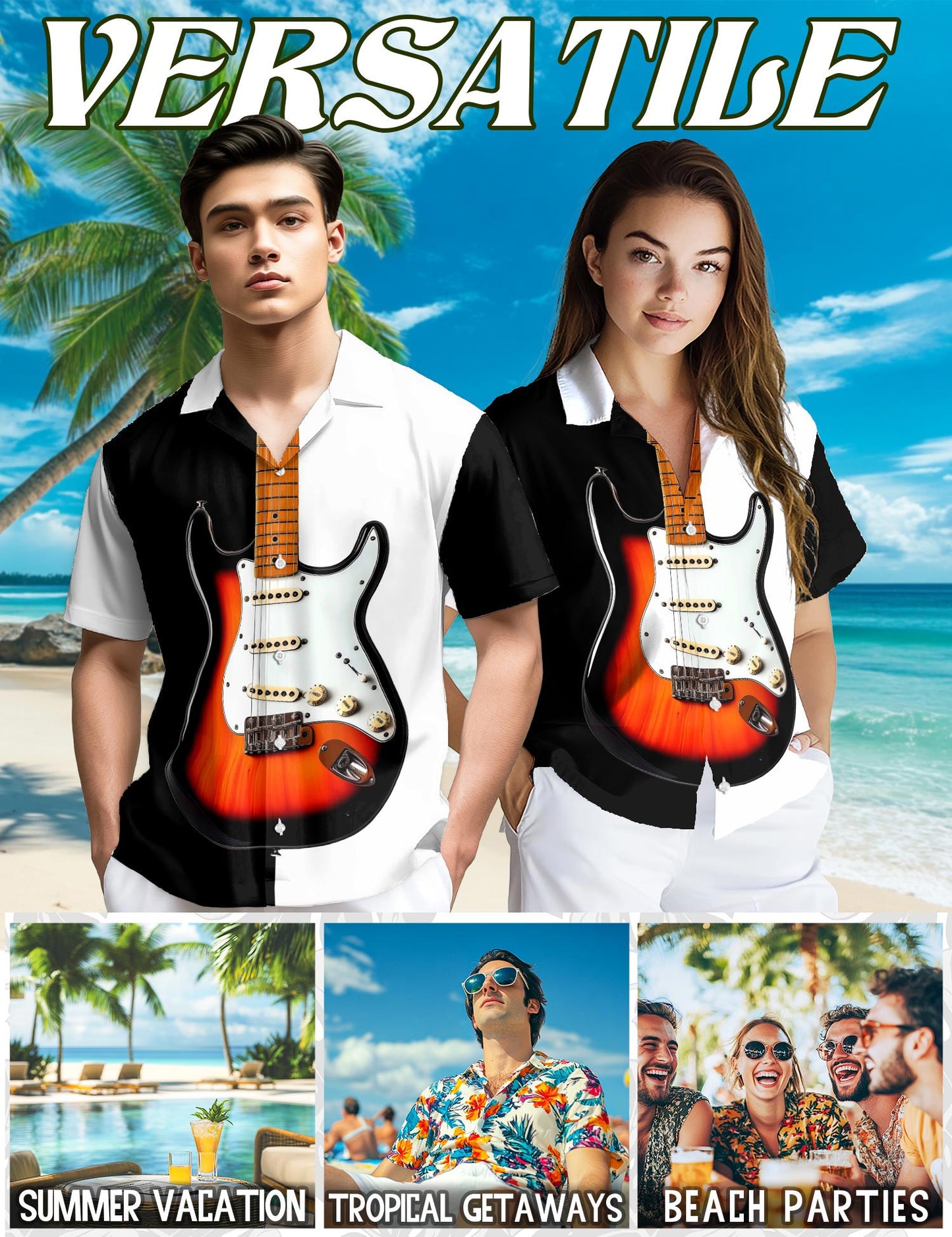 Bass Guitar Black & White Hawaiian Shirt for Men, Button Down Aloha Shirt - Azhawaiian