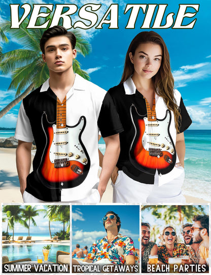 Bass Guitar Black & White Hawaiian Shirt for Men, Button Down Aloha Shirt - Azhawaiian