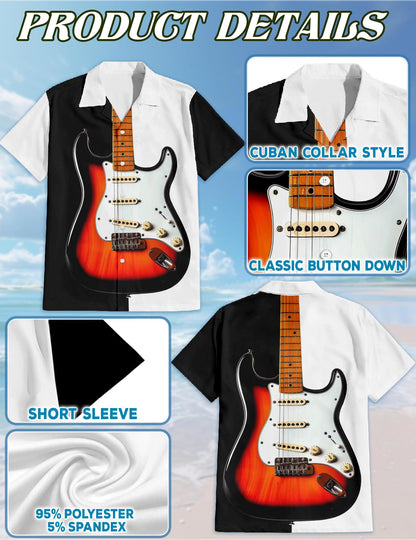 Bass Guitar Black & White Hawaiian Shirt for Men, Button Down Aloha Shirt - Azhawaiian
