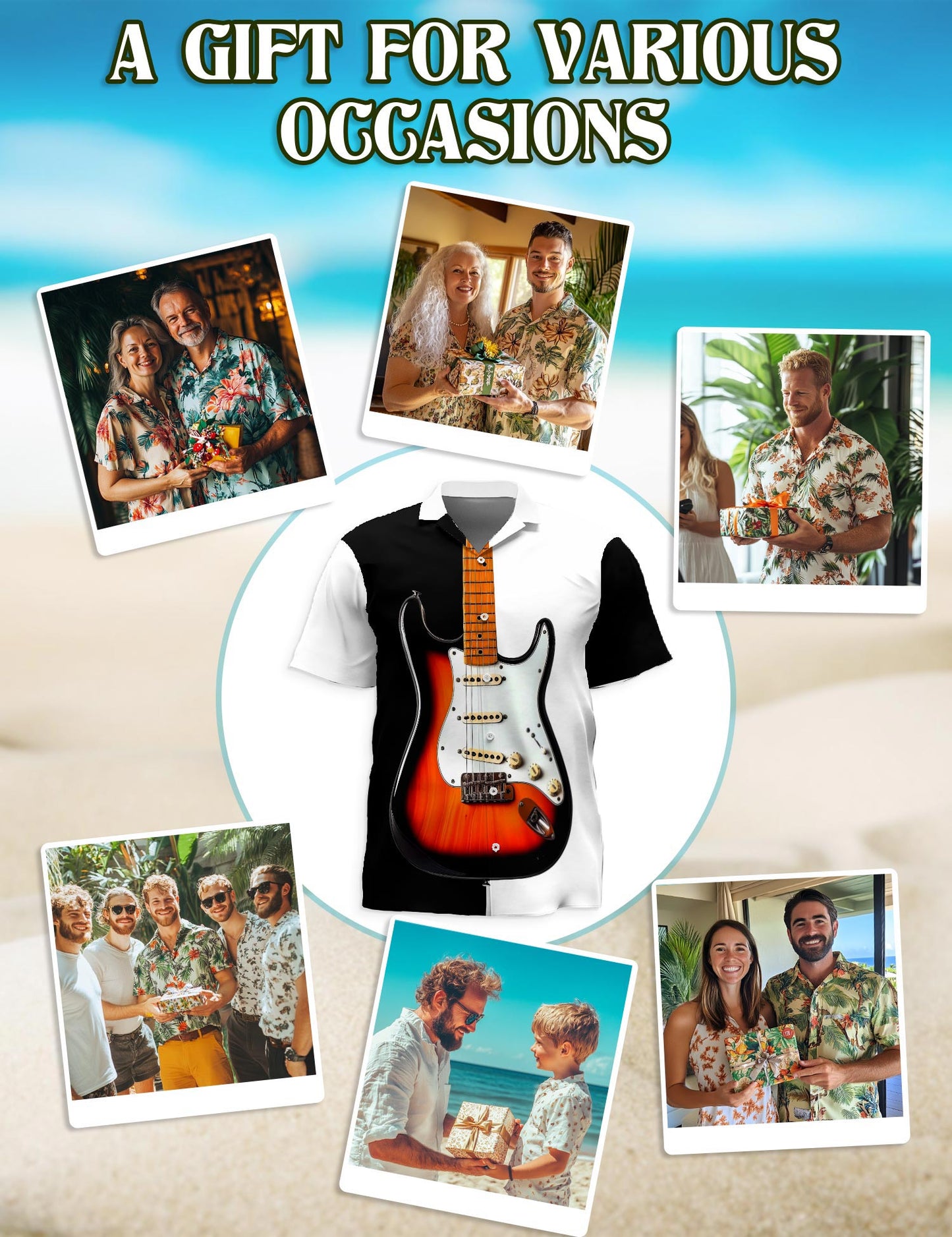 Bass Guitar Black & White Hawaiian Shirt for Men, Button Down Aloha Shirt - Azhawaiian