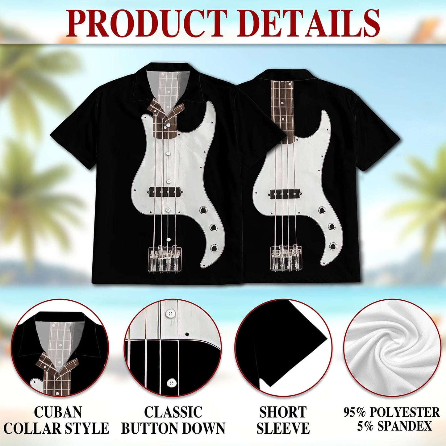 Bass Guitar Hawaiian Shirt for Men, Button Down Aloha Shirt - Azhawaiian