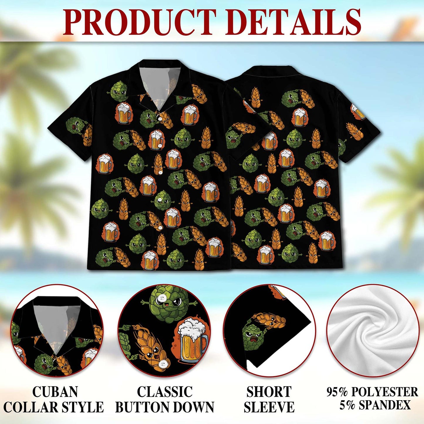 Beer Hops and Barley Hawaiian Shirt for Men, Button Down Aloha Shirt - Azhawaiian