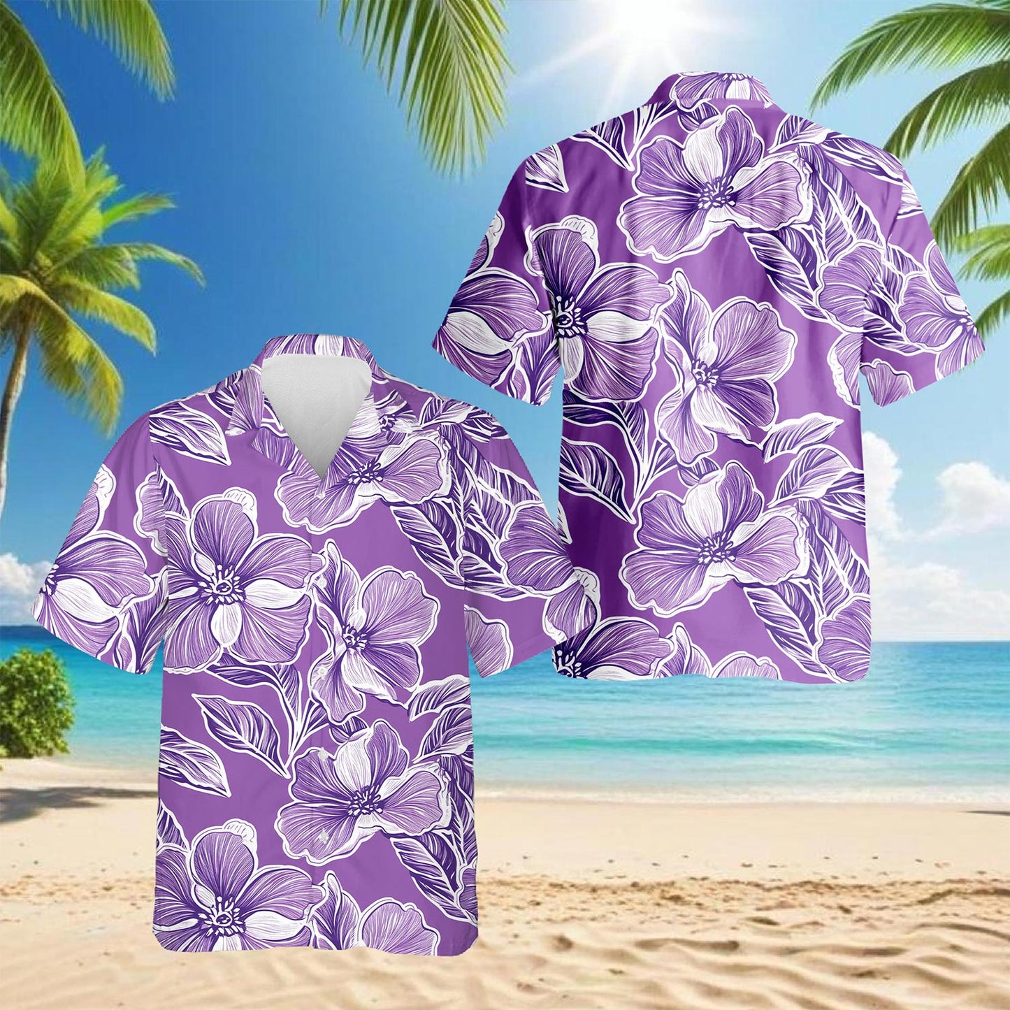Big Hibiscus Purple Hawaiian Shirt for Men, Button Down Aloha Shirt - Azhawaiian