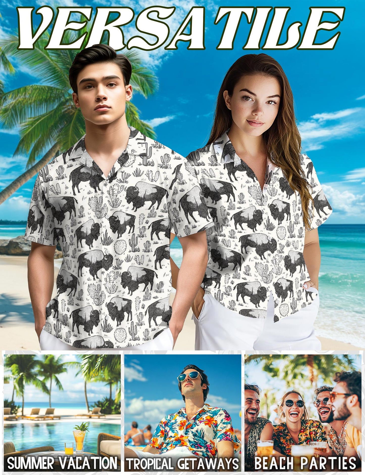 Bison Pattern Hawaiian Shirt for Men, Button Down Aloha Shirt - Azhawaiian