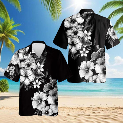 Black And White Hibiscus Hawaiian Shirt for Men, Button Down Aloha Shirt - Azhawaiian