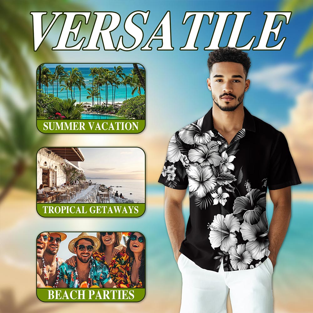 Black And White Hibiscus Hawaiian Shirt for Men, Button Down Aloha Shirt - Azhawaiian