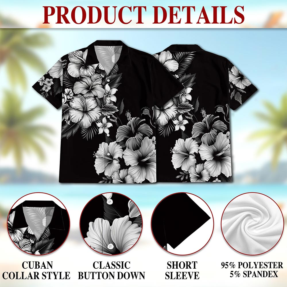 Black And White Hibiscus Hawaiian Shirt for Men, Button Down Aloha Shirt - Azhawaiian