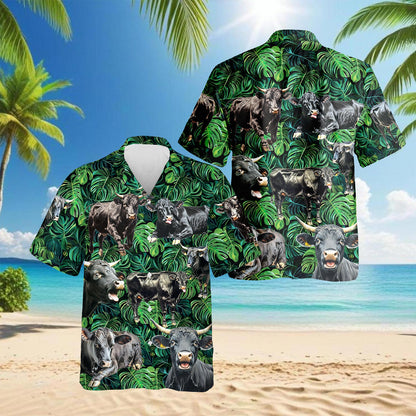 Black Angus Cattle Tropical Hawaiian Shirt for Men, Button Down Aloha Shirt - Azhawaiian