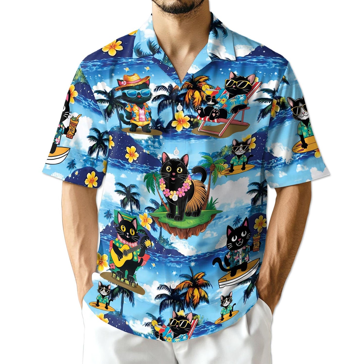 Azhawaiian Black Cat Beach Hawaiian Shirt for Men