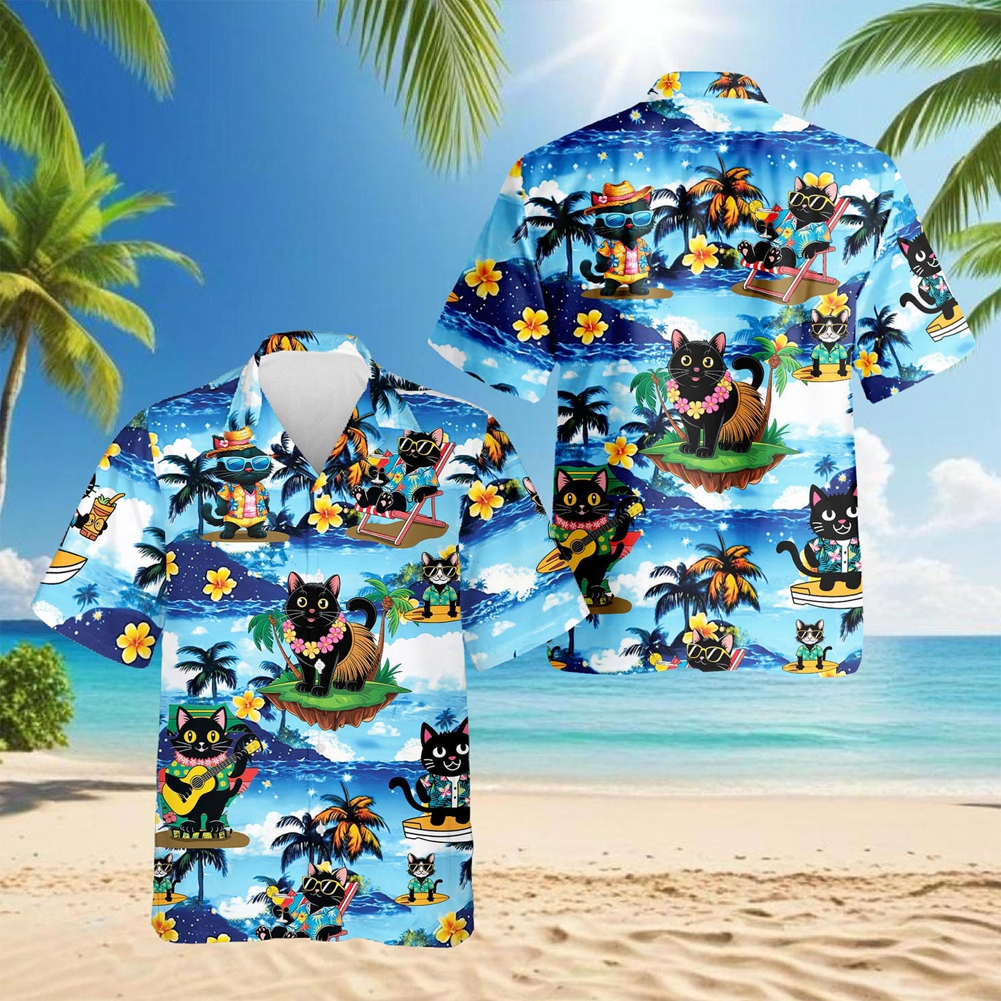 Black Cat Beach Hawaiian Shirt for Men, Button Down Aloha Shirt - Azhawaiian