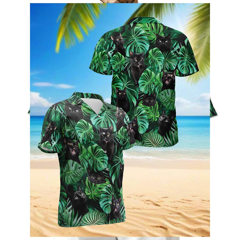 Black Cat Hawaiian Shirt for Men, Button Down Aloha Shirt - Azhawaiian